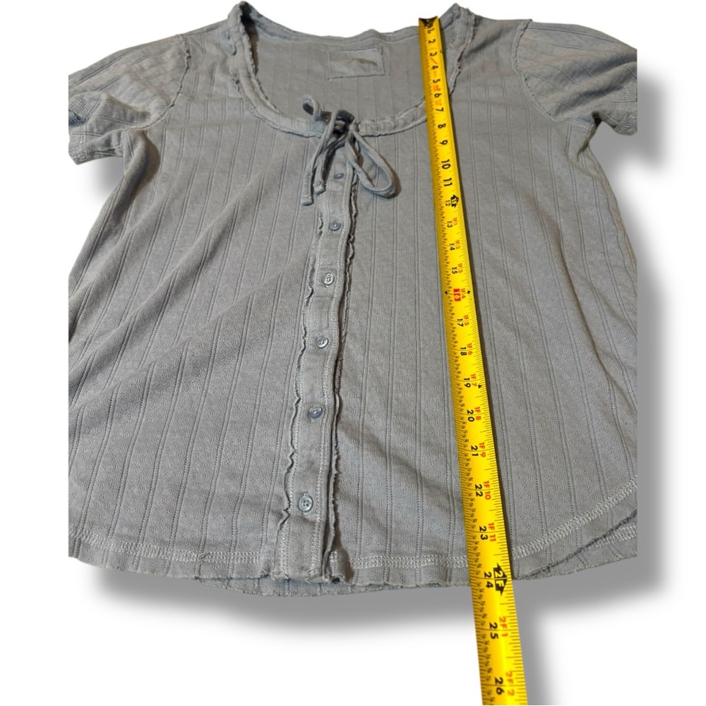Aerie Light Blue Soft Cotton Button-Down Tie Front Short Sleeved Blouse - Picture 9 of 15
